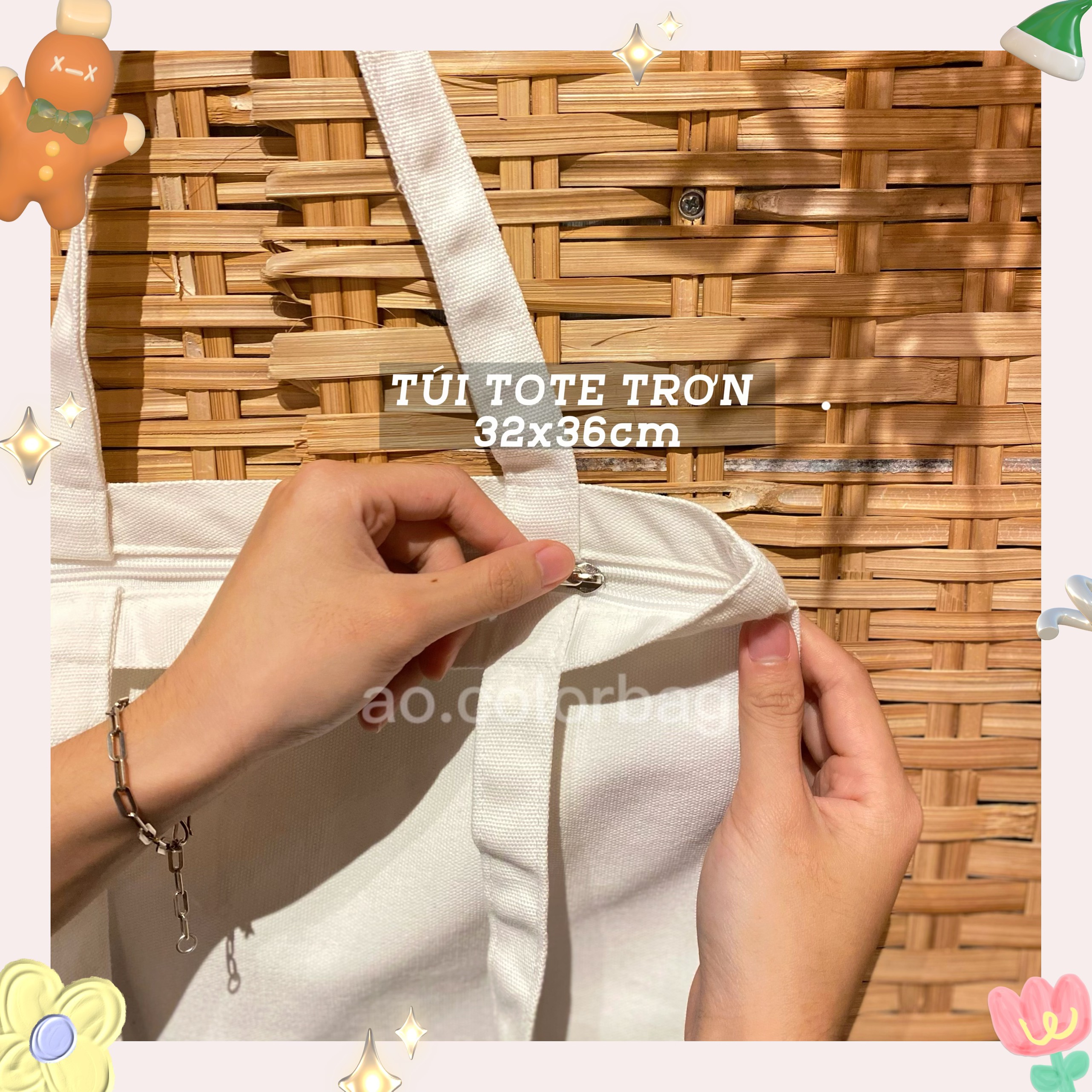 Túi tote trắng trơn - Túi vải canvas có khoá kéo - 32x36cm - Ảo Colorbag