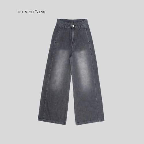 Quần jean nữ ống rộng dáng suông dày dặn đứng from đan dây cá tính năng động