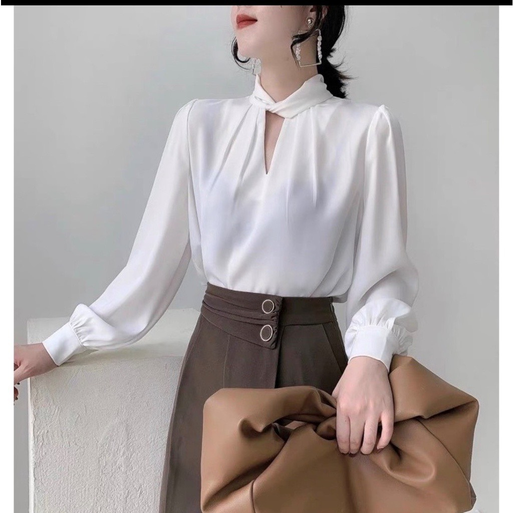 Áo sơ mi lụa tay bồng dài tay cổ xoắn - Sơ mi công sở