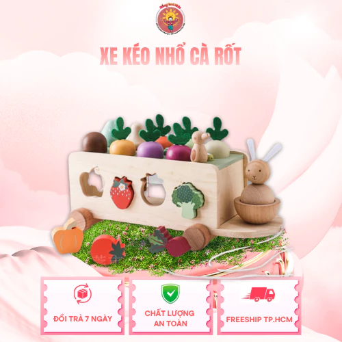 Xe Kéo Gỗ Nhổ 6 Củ Cà Rốt Montessori Nắng Tươi Kids An Toàn Giáo Dục Vận Động Tinh Cho Bé 1-3 Tuổi