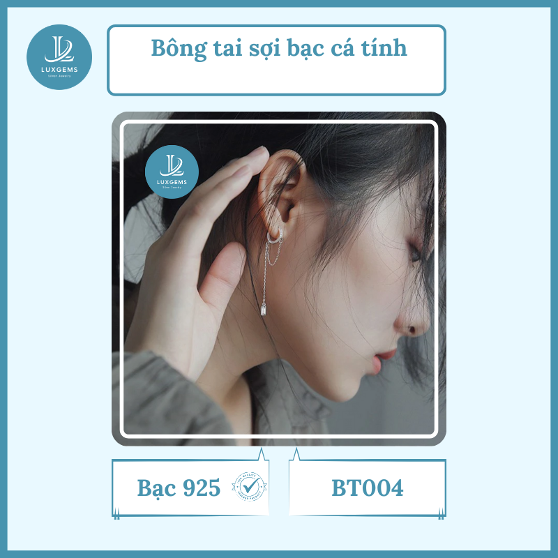 Bông tai Luxgems_Bông tai sợi bạc cá tính_BT004