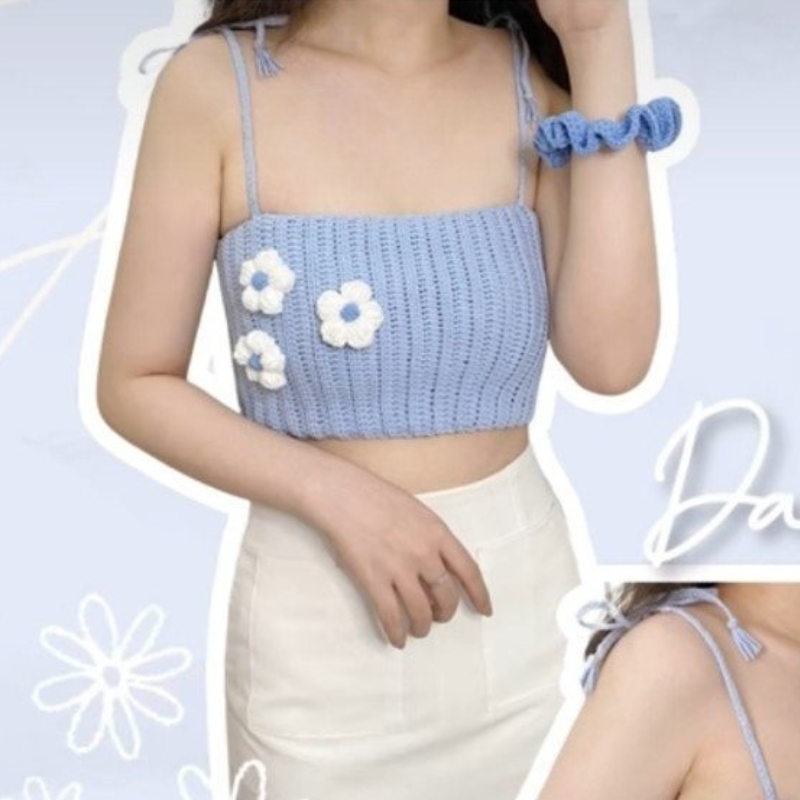 Áo Len Croptop Hai Dây 3 Hoa Xanh Dương