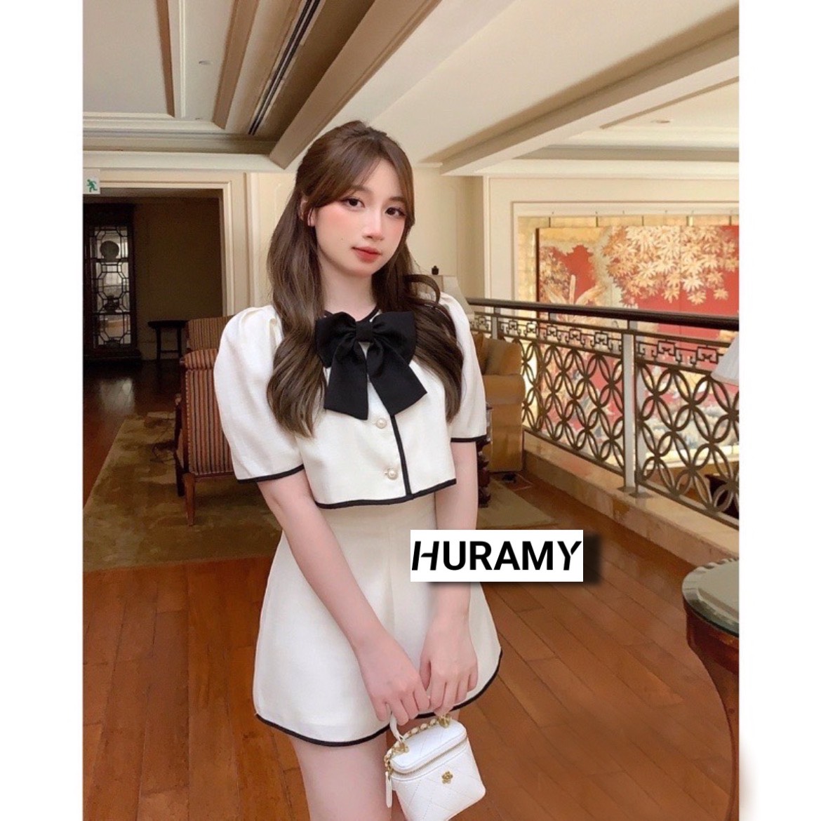 Set dạ đính nơ viền 2 màu dính khuy Freesize Dưới 55kg - HURAMY