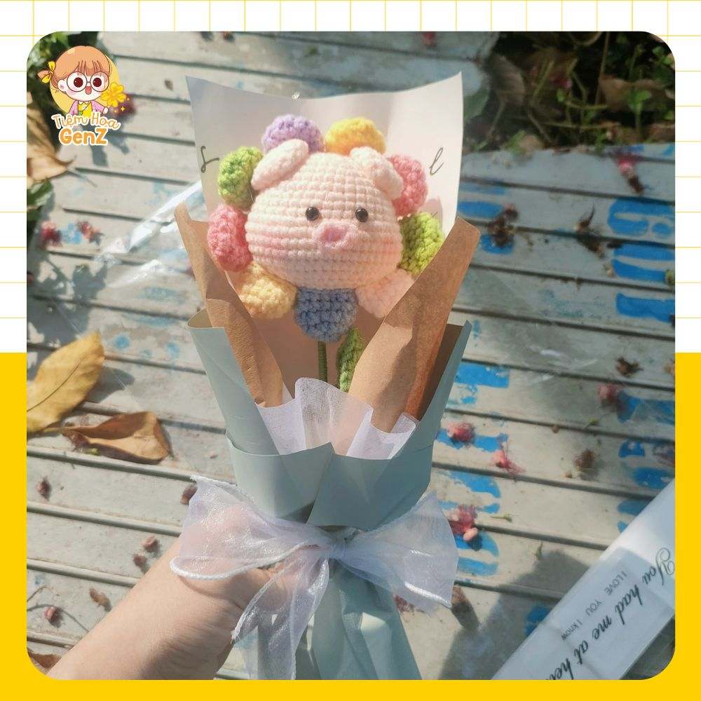 Bó Hoa Len Con Heo Cầu Vòng Handmade Cute