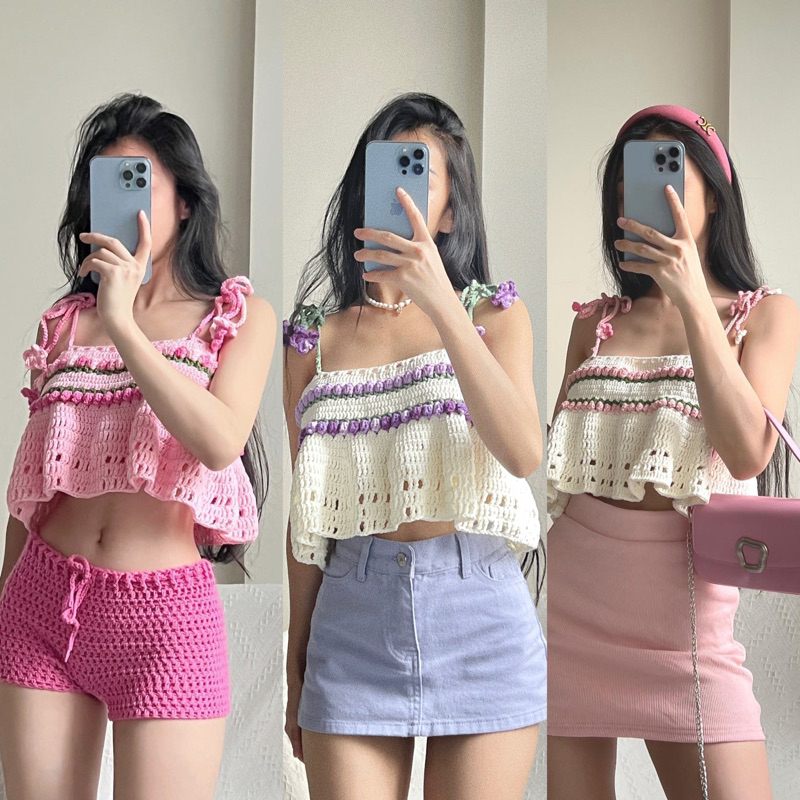 Áo Len Hai Dây Croptop Hoa Tulip Nhí Nhiều Màu