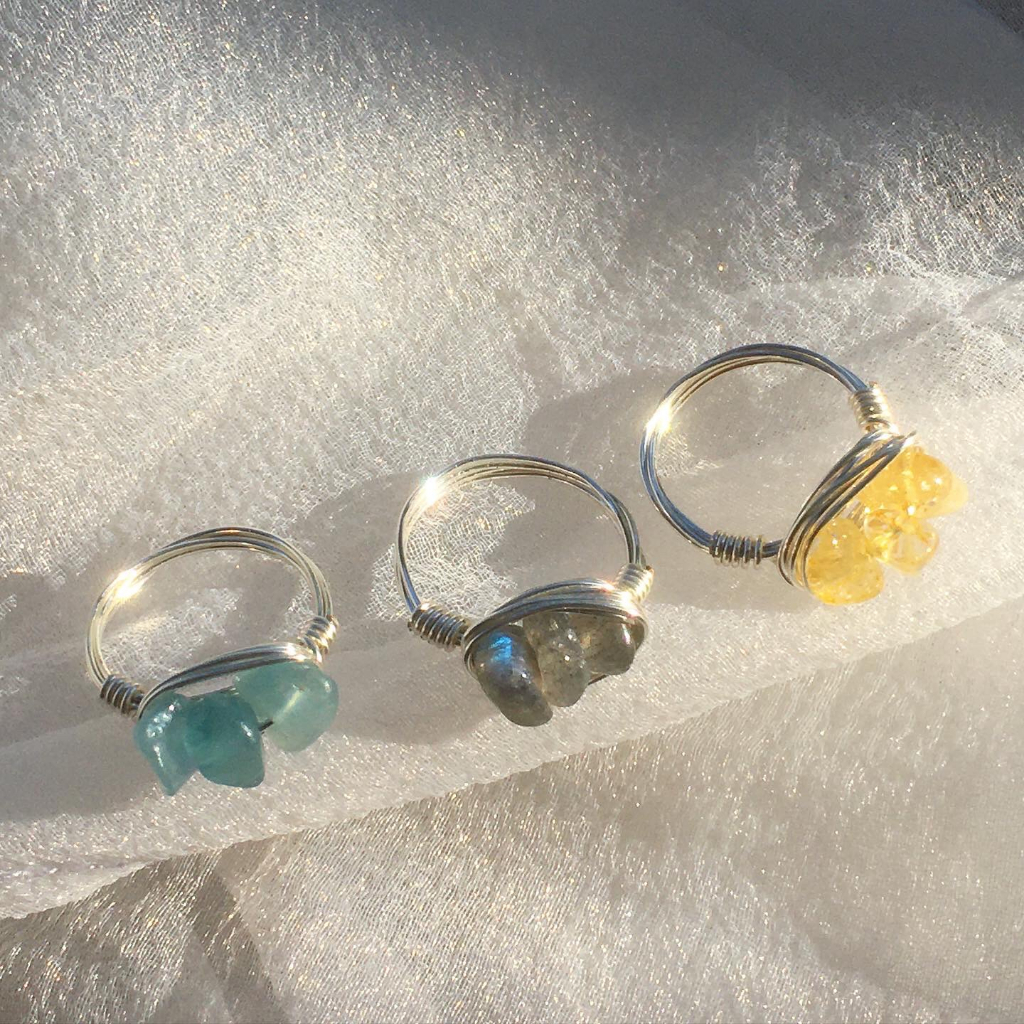 Nhẫn đá Aquamarine, Labradorite, Citrine 3 viên