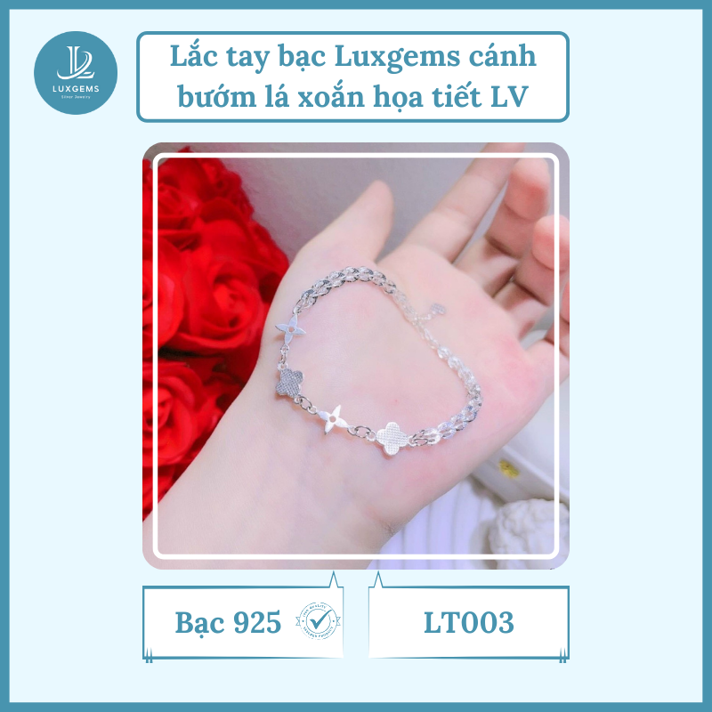 Lắc tay bạc Luxgems_Lắc tay cánh bướm lá xoắn họa tiết LV_LT003