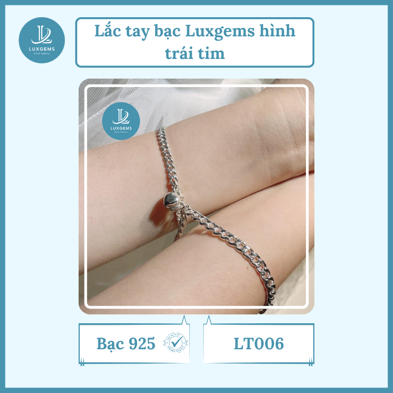 Lắc tay bạc đôi Luxgems_Lắc tay bạc nam châm hình trái tim_LT006