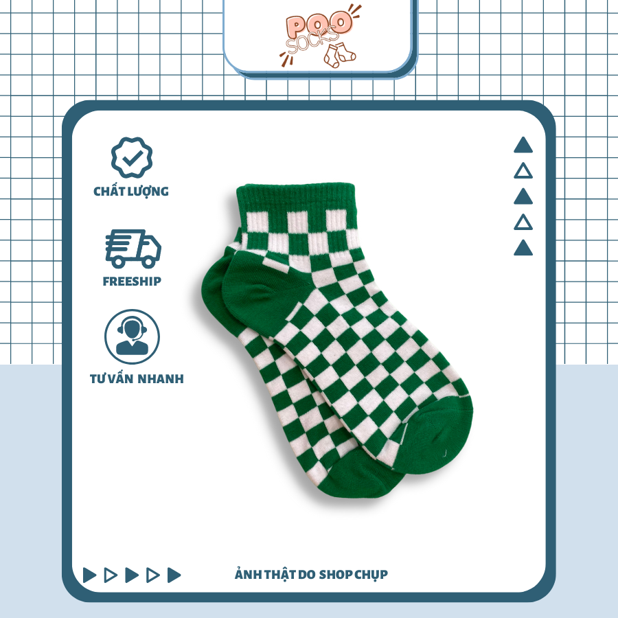 Tất Vớ Thể Thao Nam Nữ Cổ Thấp POOSOCKS Họa Tiết Sọc Caro Xanh Lá Cổ Điển Thời Trang Xuân Thu